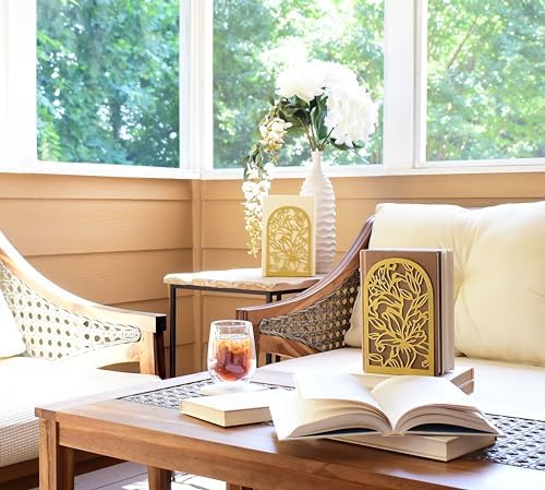 CNK Premium Bookends, Metal Book Stoppers for Heavy Books, Home Office & Decor (Lily Flower Gold)
