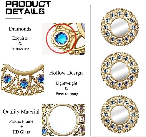 DXYAKY Gold Round Decorative Wall Mirrors Set of 3, Lightweight Plastic Framed Mirrors with Blue Crystal Accents, 9.8 Inch Vintage Boho Wall Decor for Livingroom, Bedroom, Entryway