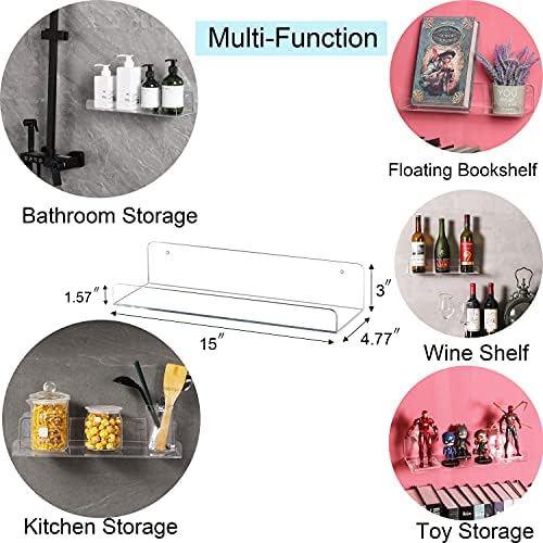Sooyee Acrylic Shelves,3 Pack 15 Inch Floating Wall Shelves, Funko Pop Display Shelf,Invisible Kids Book Shelf,Picture Ledge Shelf Decor, Bathroom Wall Shelves,Clear