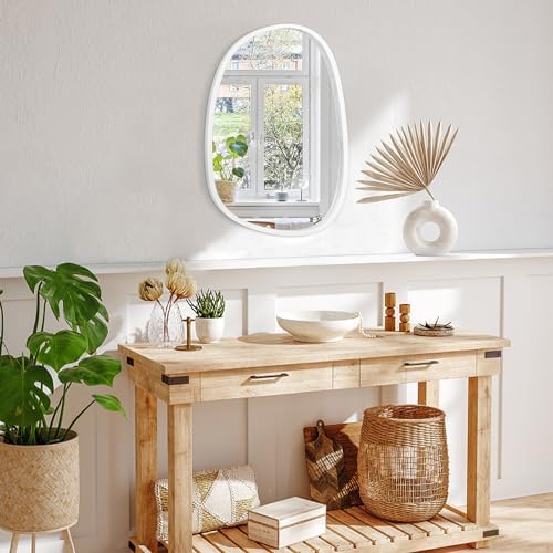 Asymmetrical Mirror Irregular Wall Mirror Oval Wood Frame Wall Mirror for Bathroom Wall Mirrors Decorative for Bedroom Living Room Entryway Hallway Unique Hanging Mirror White
