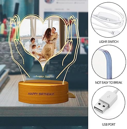 FolHaoth Personalized Photo Acrylic Sign Plaque Gifts for Anniversary Valentines Birthday Customizable LED Night Light Wooden Base Lamps Desk Bedroom Decor Signs