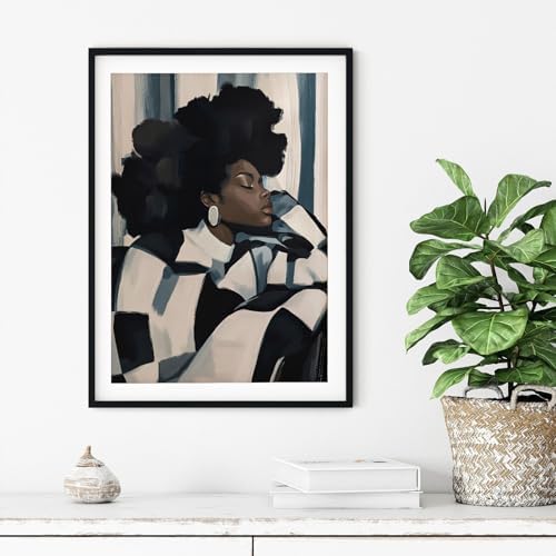 Black Woman Canvas Wall Art African American Wall Decor, 16"x24" Unframed | Abstract Black Girl Art Poster, Contemplative Afro Woman Portrait Painting Print, Feminine Energy Poster for Bedroom Decor