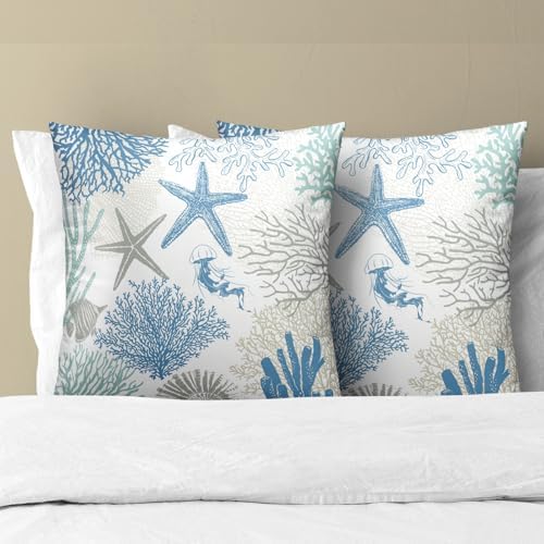 Coastal Nautical Throw Pillow Cover 22x22 inch Set of 2 Beach Themed Sea Coral Nautical Blue Pillowcases Ocean Summer Cotton Cushion Covers for Bed Sofa Room Decor