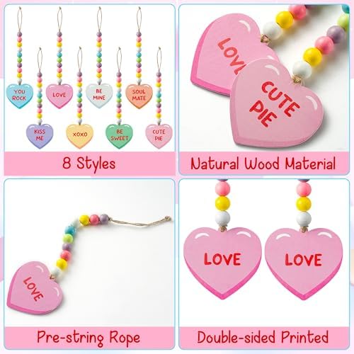 WATINC 8pcs Valentine's Day Wooden Bead Conversation Heart Garland, Sweet Love Wood Hanging Ornament, Double-sided Romantic Heart Pendant Hang Decor with Rope for Happy Valentine Party Tree Wall Decor