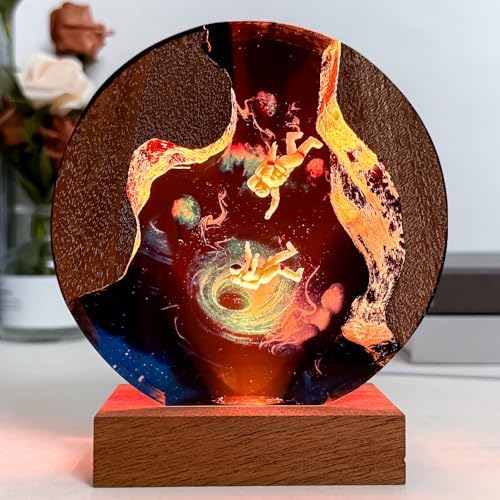Handmade Galaxy Resin Lamp, 3D Cosmic Universe Lamp with Wooden Base