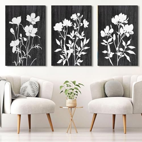 Black and White Silhouette Wall Art Abstract Flower Pictures Wall Decor Farmhouse Botanical Canvas Prints Rustic Floral Painting Poster Modern Artwork for Bedroom Living Room Decoration 24x36" 3Pcs