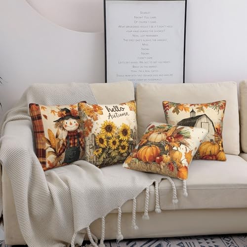 Thanksgiving Day Throw Pillow Covers Set of 4 Decorative Soft Double Sided Print Pillow Case Farmhouse Home Decor for Living Room Sofa Couch 18x18