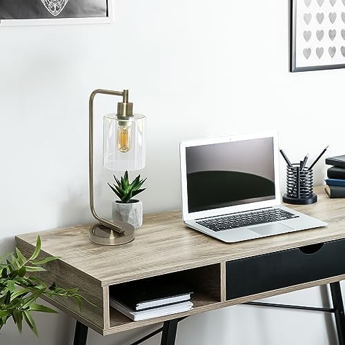 Simple Designs LD1036-ABS 18.8" Industrial Vintage Bronson Antique Style Industrial Iron Lantern Desk Table Lamp with Glass Cylinder Shade for Home Décor, Office, Living Room, Bedroom, Antique Brass
