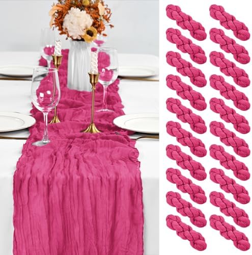 20 Pack Hot Pink Table Runner 10Ft Cheesecloth Table Runner Boho Gauze Table Runners Romantic Long Sheer Fabric Cheese Cloth Table Runners for Wedding Party Bridal Shower(Hot Pink)