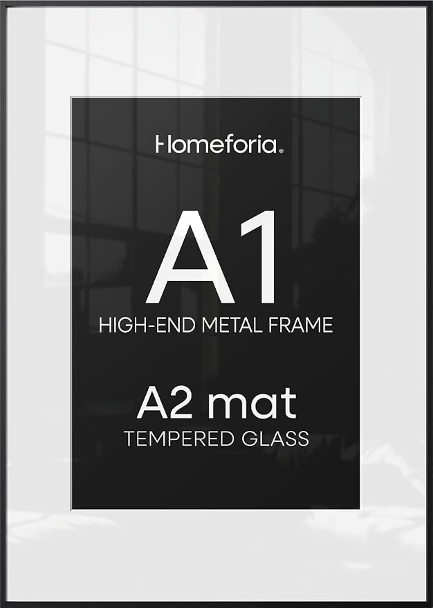 Homeforia A1 Black Poster Frame, High-End Metal, A2 Mat, Glass