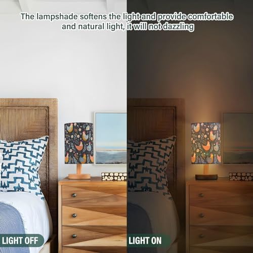 Rooster Hens Table Lamp for Bedroom Nightstand,LED Desk Reading Lamp with Linen Lamp Shade, Wooden Bedside Lamp for Living Room, Dorm, Home Office,A111529