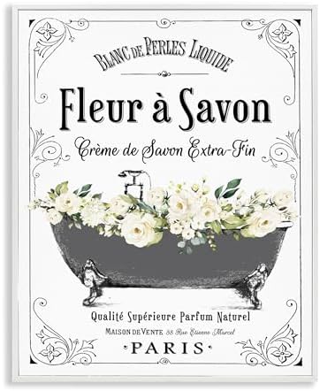 Stupell Industries 'Fleur a Savon Vintage Parisian Bathroom Floral Tub', Framed Giclee Art, White, 24 x 30 Inches, Easy to Hang and Sturdy, Made in USA, by Lettered and Lined