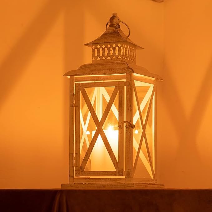 Lantern Decorative Indoor & Outdoor,Large Square Hanging Spring Home Decor, Vintage Metal Decorative Candle Lanterns for Outdoor Patio Wedding Party Beige with Copper Brush