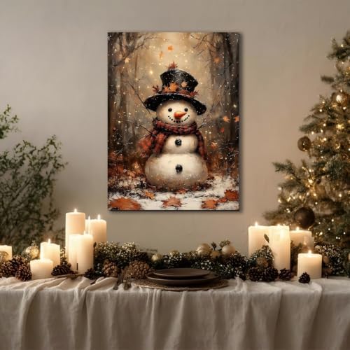Vintag Snowman in Forest Christmas Canvas Print 20x30, Fall Wall Art, Rustic Winter Holiday Paintings, Christmas Art for Living Room Christmas Poster & Prints for Home Decorations