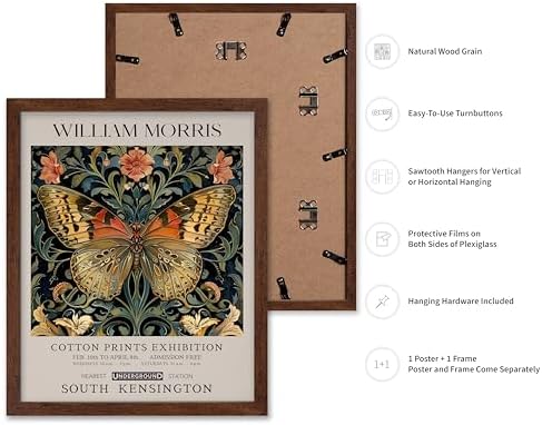 Monem Art William Morris Poster - Butterfly Print - Flower Art - Botanical Poster - Moth Illustration - Floral Creation - Aesthetic Living Room Decor - 16x20 Brown Framed