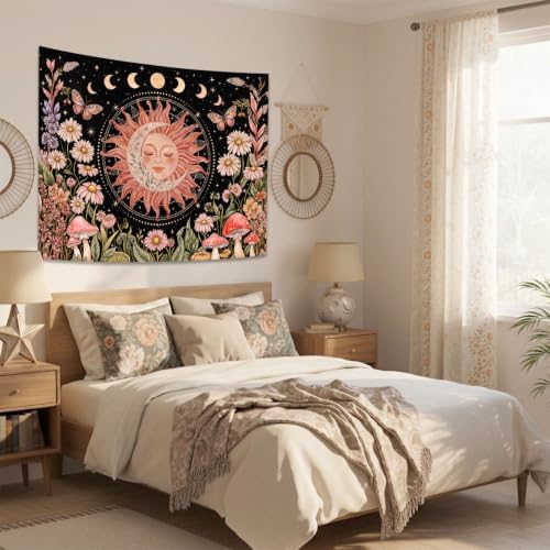 Accnicc Vintage Sun and Moon Boho Hippie Floral Tapestry 80x60 Inch