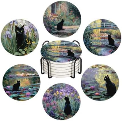 Drink Coasters for Drinks Set of 6, Water Lilies Art and Black Cat Absorbent Round Ceramic Stone Mat Coaster, with Cork Base and Metal Holder, Home Bar Decor House Warming Gift