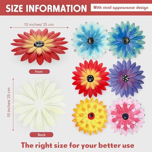 Zhehao 6 Pcs Metal Flower Wall Art Decor 10 Inch Sunflower Wall Decorations Hanging Outdoor Art Multicolored Handmade Metal Flowers Outdoor Decor(Cute Color)