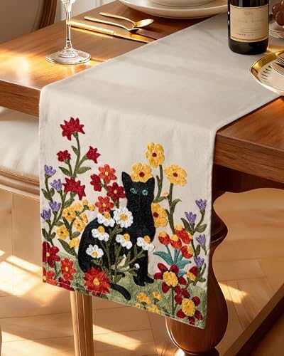 Canvas Embroidered Narrow 13"x 72" Table Runner, Cat in Flower