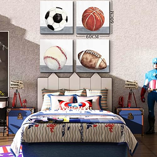 Sports Wall Art Boys Room Wall Decor Vintage Football Soccer Baseball Basketball Them Canvas Wall Arts for Kids Boy Bedroom Nursery Home Decoration 24x24" 4 Pcs Rustic Ball Artwork Painting Baby Gift
