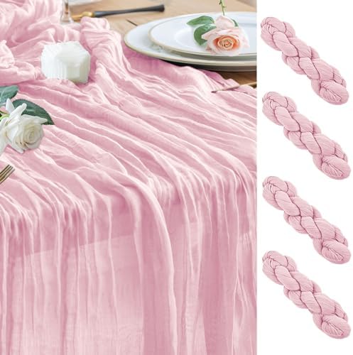 Wokceer Cheesecloth Table Runner Blush Pink 10FT Boho Gauze Runner, 4 Pack