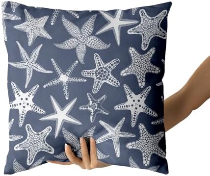 Giwawa Nautical Starfish Throw Pillow Covers 20"x20" Navy Blue Coastal Beach Themed Decorative Cotton Pillow Cases Summer Ocean Cushion Covers Set of 2 for Sofa Couch Bedding Living Room