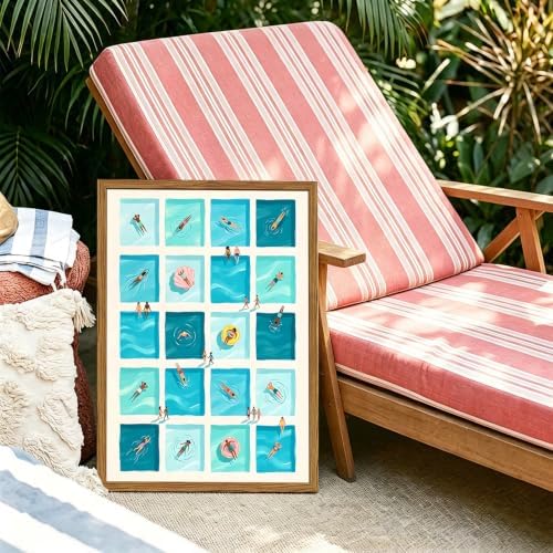 Framed Blue Swimming Pool Wall Art, Mid Century Modern Beach Tiny Swimmers Pictures Wall Decor, Summer Coastal Paintings Canvas Prints Beachy Home Decor for Living Room Bathroom 12x16 inch