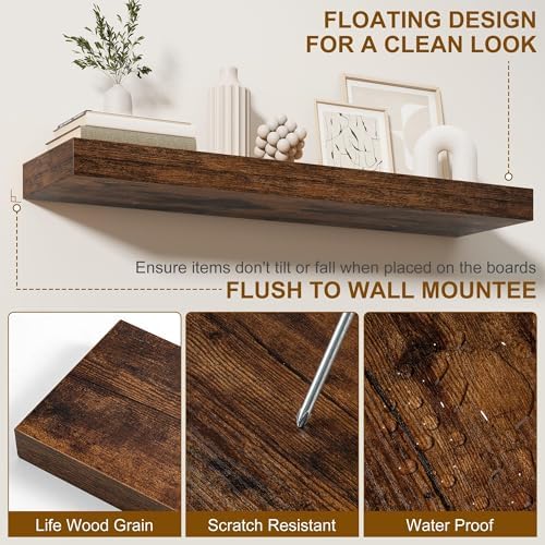 Fun Memories Floating Shelves for Wall, 48Inch Floating Shelves Set of 2, Hanging Shelf with Invisible Brackets, Wood Shelves for Living Room, Bedroom, Kitchen, Brown
