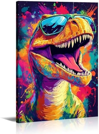 Dinosaur Canvas Wall Art Graffiti Wall Decor Framed Funny Dinosaur with Glasses Picture Modern Pop Painting Prints for Living Room Bedroom Home Office Ready to Hang - 20.00"x30.00"