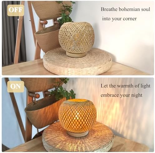 Small Rattan Lamp, Boho Table Lamp, Wicker Wooden Lamps with Dimmable & Timer Function, Boho Woven Lamps for Bedroom Living Room Desk Kids Room, 2700K G45 LED Bulb Included
