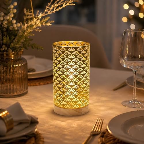JHY DESIGN Battery Operated Table Lamp, 9" H Medium Decorative Lamp with LED Bulb and 6-Hour Timer, Gold Metal Accent Light for Bedroom, Living Room, Patio, Wedding Table Decor