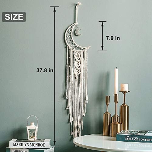 MOONFLY Dream Catcher with Handmade Moon Star Design Woven Cotton Macrame Wall Hanging Boho Home Decoration Ornament Craft Gift for Bedroom Living Room Wedding Party (White Moon)