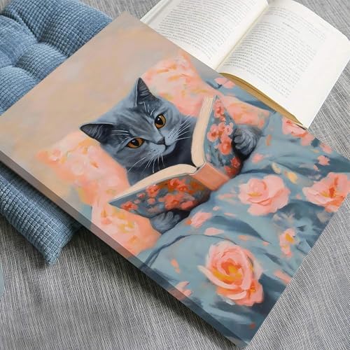 Framed Cat Reading Book Canvas Wall Art, Cute Gray Kitten Painting Print, Funny Animal Lovers Picture Wall Decor for Bedroom Living Room Kids Room Girls Room Home Decor 16x24 Inch