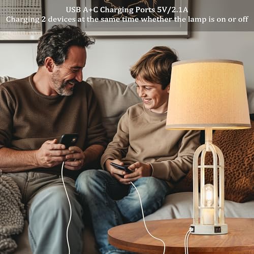SRJJA Farmhouse Table Lamps for Living Room Set of 2 - Rustic Industrial Bedside Lamps for Bedroom Nightstand with Nightlight and USB A+C, 4 Bulbs Included