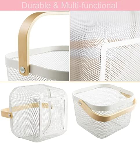 AJIODA Metal Mesh Steel Basket, Storage Organizer Basket Multi-functional Hanging Kitchen Baskets Fruit Basket Bin with Bamboo Handle for Kitchen Bathroom Picnic Shopping Decor Cabinet Home, White