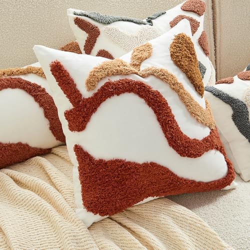 lifein 18x18 Pillow Covers-Throw Pillow Covers Boho Couch Pillows Embroidered Decorative Accent Pillows Mid Century Textured Pillowcases for Couch Sofa Living Room Bed Home Decor (Burnt Orange)