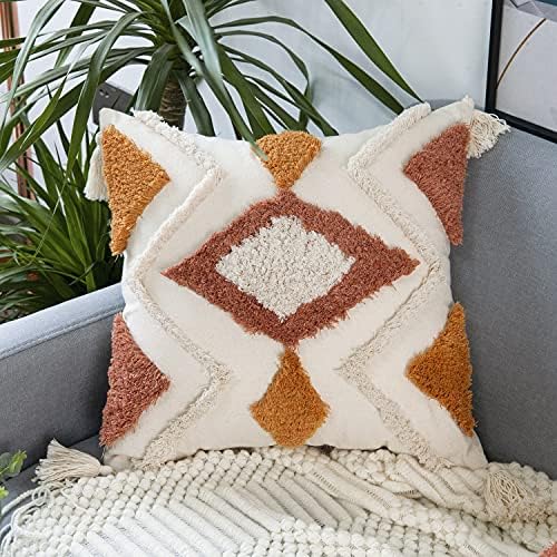 Merrycolor Boho Throw Pillow Covers 20x20 with Tassels, Decorative Pillow Covers Woven Tufted Bohemian Pillow Covers for Couch Sofa Bedroom Living Room