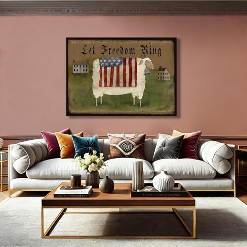 RIBNTAK Americana Farmhouse Canvas Wall Art, Rustic God Bless America Sheep Pictures with USA Flag Artwork Patriotic Country Decor for Living Room Entryway Bedroom