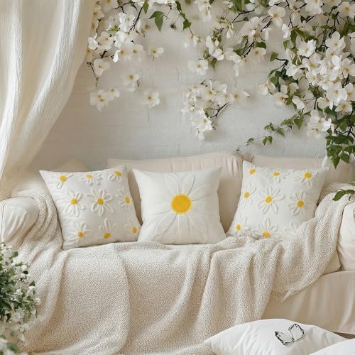 GEEORY 2-Pack 20x20 Inch Daisy Embroidered Cotton Pillow Cover | Farmhouse Spring Summer Home Decor | Durable Canvas Cushion Case for Living Room, Sofa & Bed