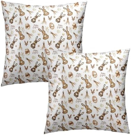 Easter Bunny Pillow Covers 2 Pack 16x16 inch Rabbit and Eggs Cotton Throw Pillow Cases Spring Happy Holiday Decorative Cushion Covers for Sofa Couch Bed