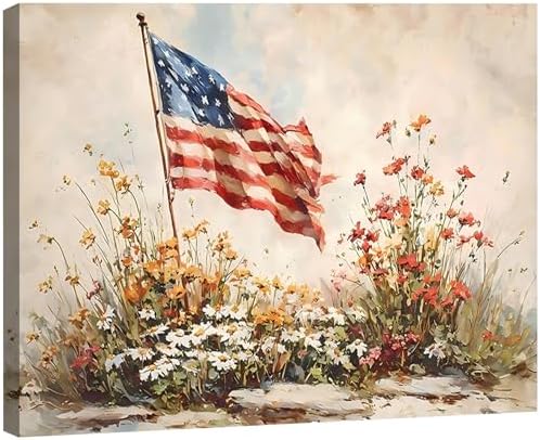 RIBNTAK Large American Flag Wildflower Canvas Art 24x36in, 4th of July Patriotic Paintings Prints Pictures, Vintage Farmhouse Wall Decor for Living Room, Bedroom & Home Decor, Made in USA