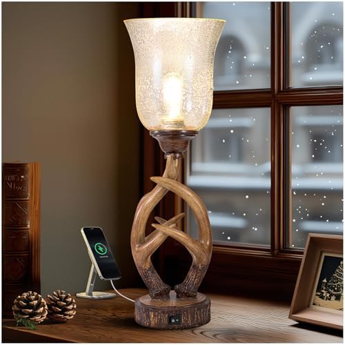 Scenekoy 20.5" Antler Table Uplight Lamp with USB Ports, Memory Function