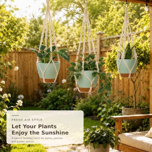 Bouqlife Large Hanging Planters with Macrame Plant Hangers for Indoor Outdoor Plants 3 Set 10" / 8" / 7" Self Watering Pots Hanging Baskets Flower Pot Holders 3 Different Size Green Large