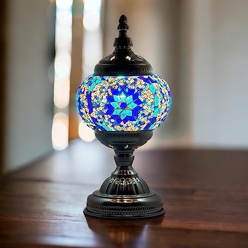 SILVERFEVER Handcrafted Mosaic Turkish Lamp Moroccan Glass Table Desk Bedside Light Bronze Base with E12 Bulb (Blue Snowflake)