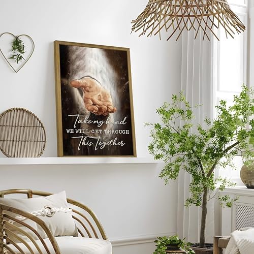 Framed Jesus Wall Art Christian Canvas Wall Decor Painting The Hand of God Posters Prints Pictures Inspirational Art Decorative Oil Paintings for Church Prayer Room Living Room Home 24x36 Inch