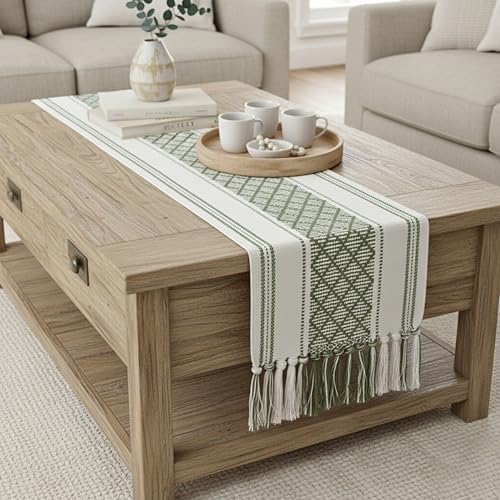 Short Dining Table Runner Coffee Table Runner with Boho Tassels 14 x 48 Inches, Olive Green & Off White Cotton Woven Washable Dresser Runner and Topper for Bedroom, Farmhouse Table Decorations