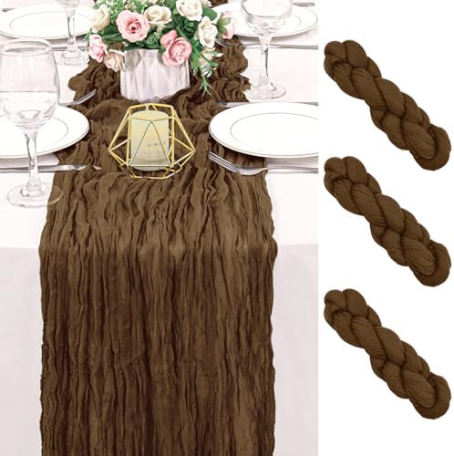2 Pack 120 Inch Brown Cheesecloth Table Runner Boho Rustic Gauze Sheer Romantic 10 FT Long Cheese Cloth Table Runner for Bridal Baby Shower Wedding Party Birthday Holiday Home Easter Decor