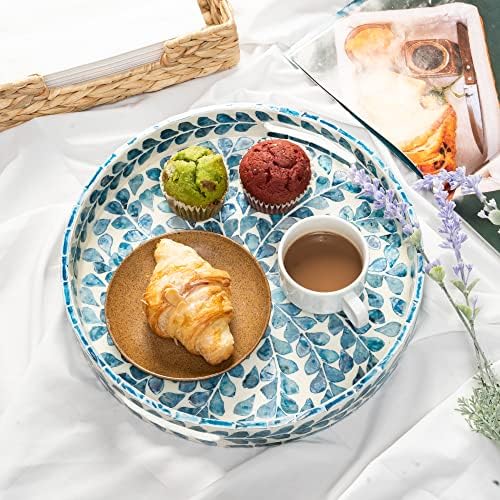 Serving Tray 12.5 Inch, Lacquer Mother of Pearl Inlay Mosaic Tray, Round Wooden Marble Tray with Handles Trays for Tea, Breakfast (Leaf Style)