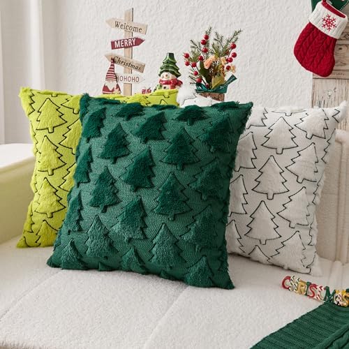 Kevin Textile Christmas Pillow Covers 18x18 Inch Set of 2 Interesting Christmas Tree Embroidery Soft Plush Faux Fur Pillowcases for Couch Sofa Holiday Festivals Winter Xmas Gift, Cream White