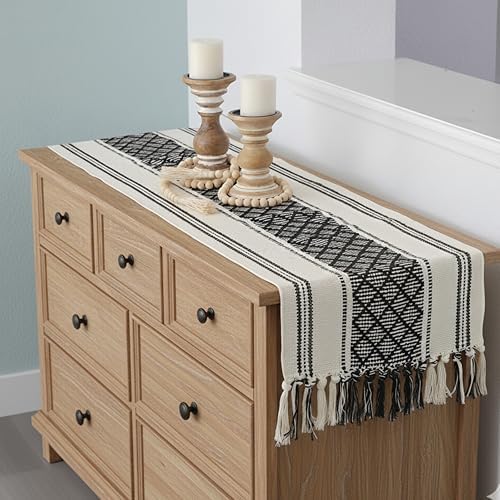 Coffee Table Runner 14 x 48 Inches Black & Cream Woven Washable Boho Tassel Dresser Scarf Topper for Furniture Farmhouse Short Table Cover with Fringe